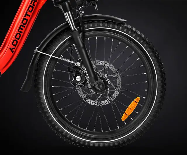 Easy E-Biking - Addmotor Cititri E-310 e-bike, front wheel, reflective tires, helping to make electric biking practical and fun